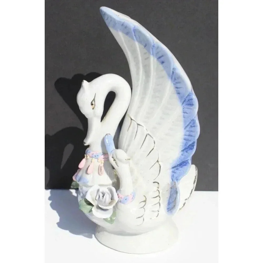Vintage Porcelain Mother Swan w/ Babies Flower Vase Room Decor